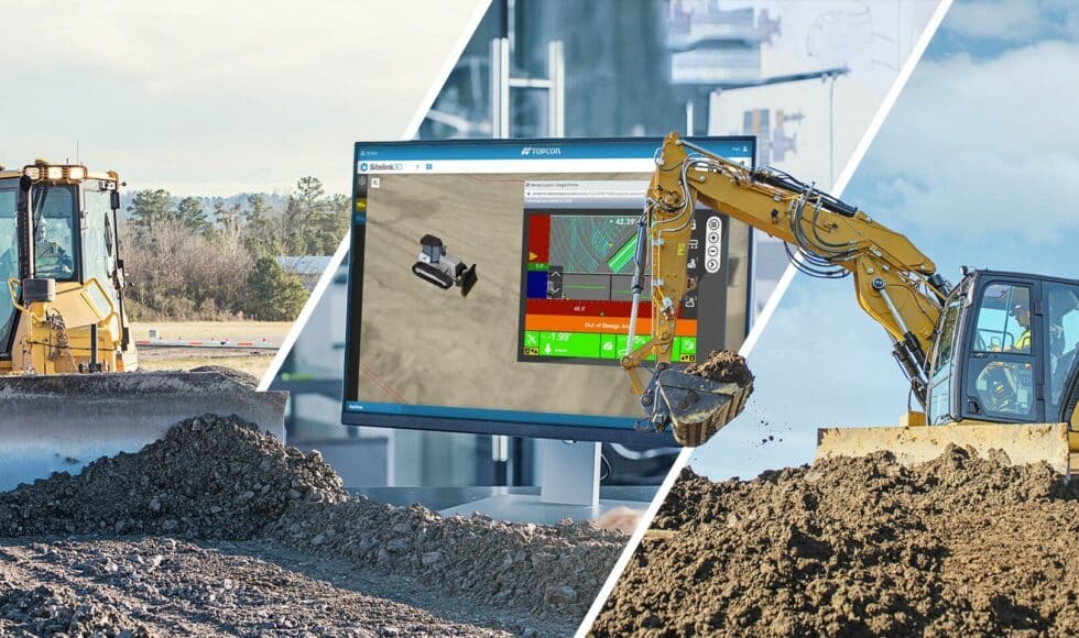 Excavation site with excavator using MC-Max technology on screen.