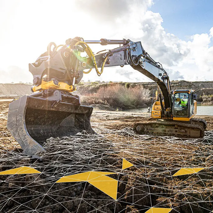 Construction digger at work with help from the MC-X Platform Machine Control System