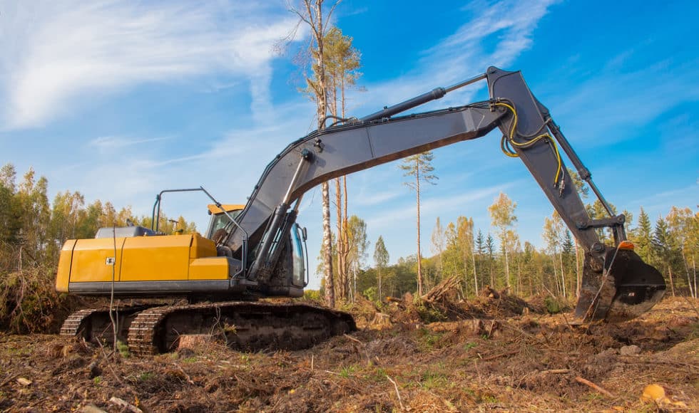 Excavator clearing a forest area construction site; the cost of rework in construction